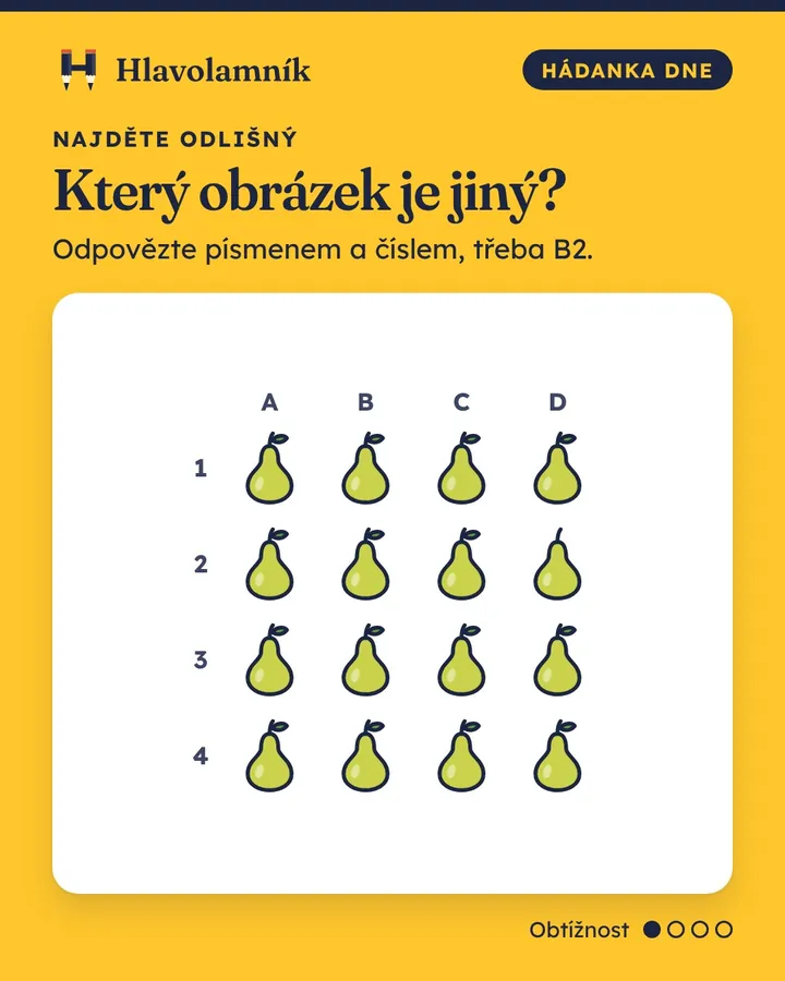 Mřížka 4 × 4 obrázků (hruška), sloupce A až D, řádky 1 až 4. Jeden obrázek se liší. Který?