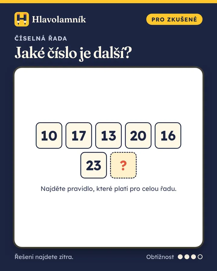 10, 17, 13, 20, 16, 23, otazník. Jaké číslo je další?