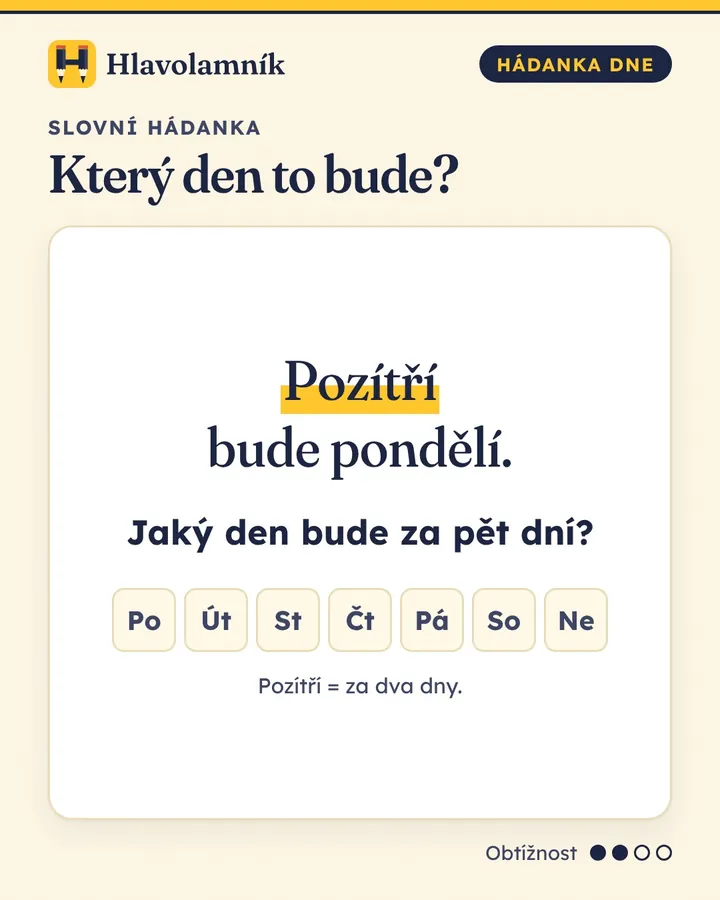Pozítří bude pondělí. Jaký den bude za pět dní?