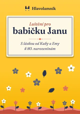 Žlutá obálka sešitu hlavolamů s nápisem Luštění pro babičku Janu