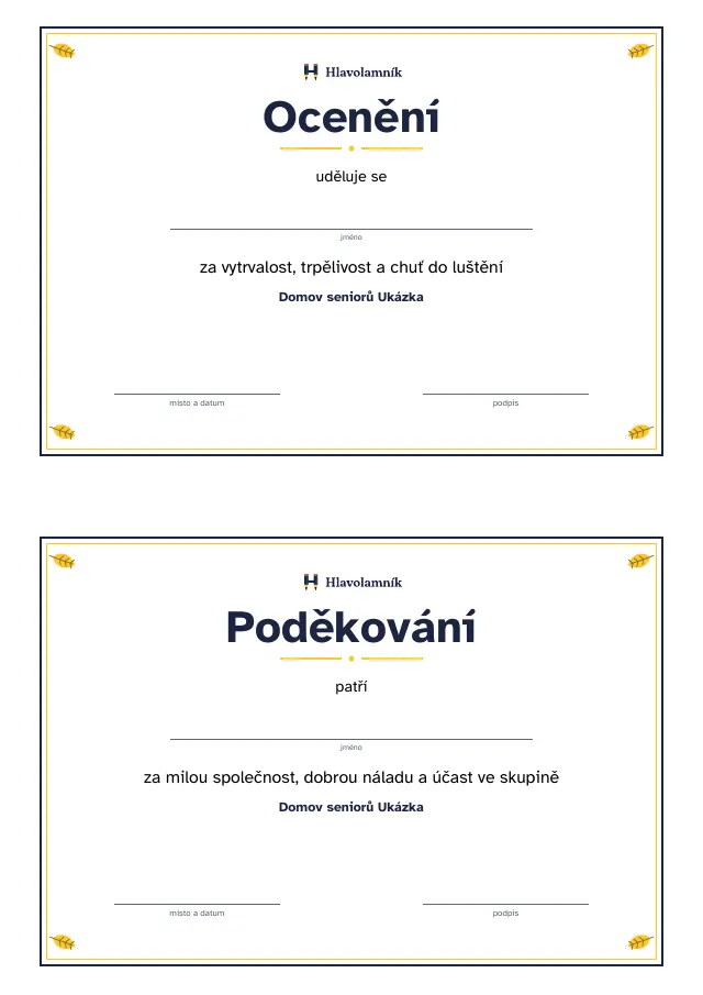Dva diplomy: ocenění za vytrvalost a poděkování za účast ve skupině
