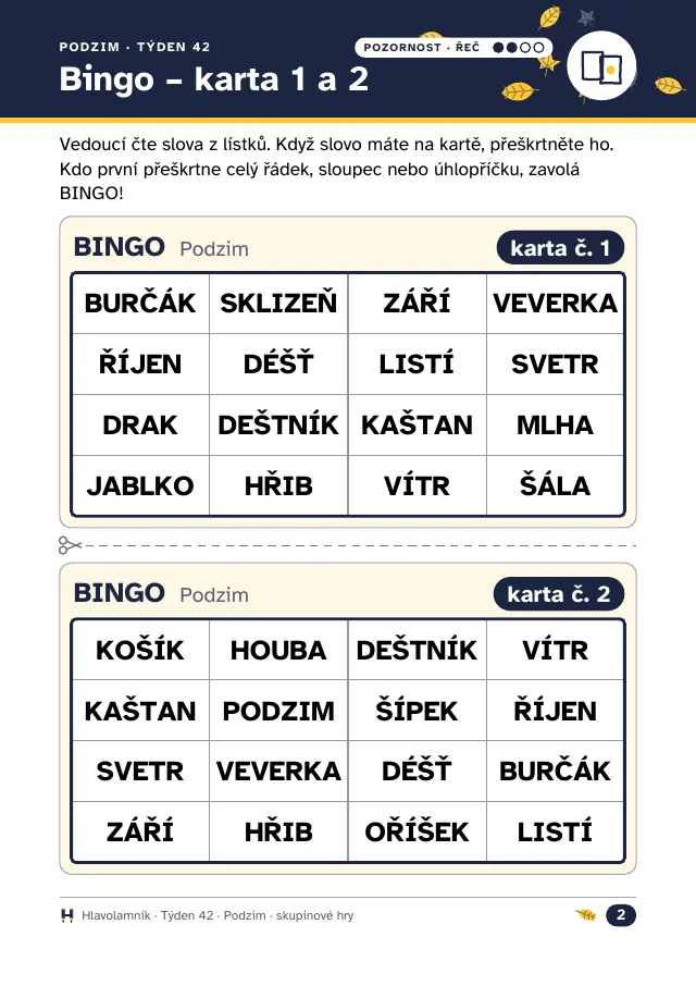 Bingo pro seniory: dvě karty se slovy k tématu Podzim, každá jiná