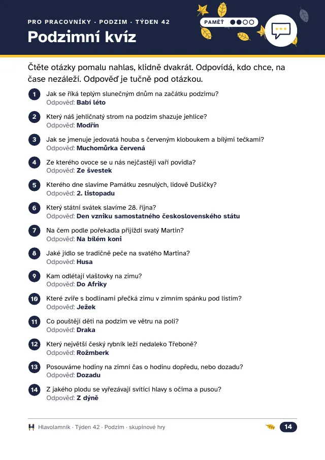 Podzimní kvíz pro seniory: čtrnáct otázek s odpověďmi pro vedoucího