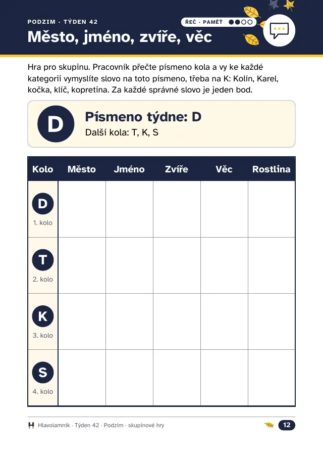 List pro hru Město, jméno, zvíře, věc