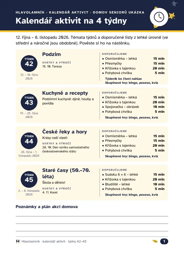 Kalendář aktivit na 4 týdny: témata, výročí a doporučené listy pro týdny 42 až 45