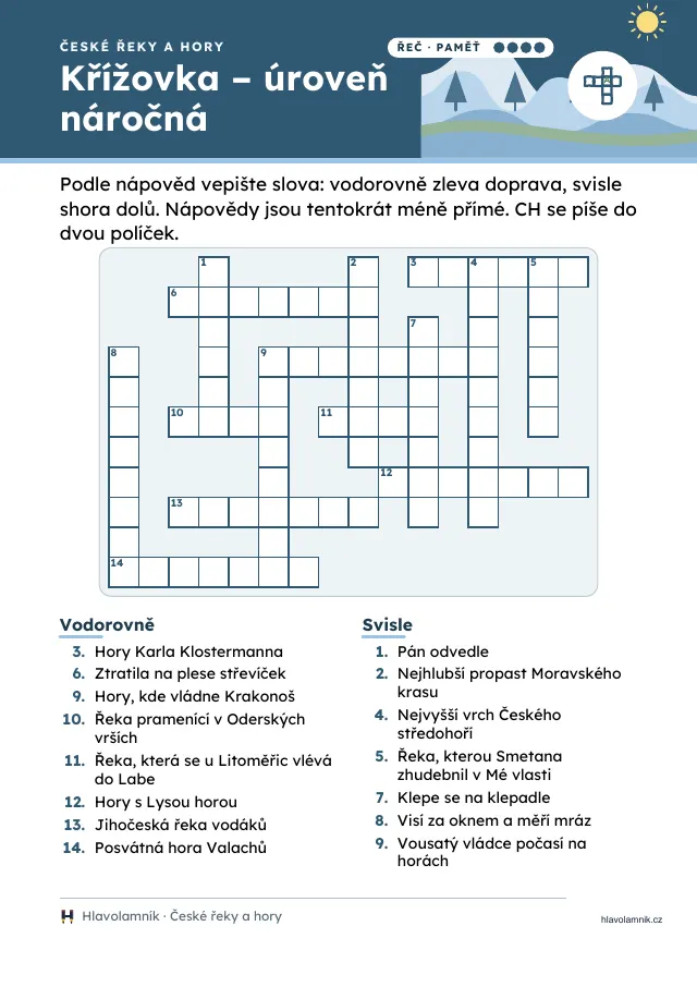Náročná křížovka pro seniory s nápovědami: patnáct slov vodorovně a svisle, téma České řeky a hory