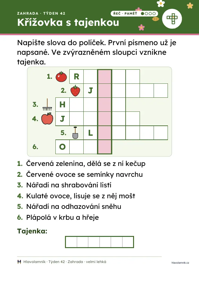 Křížovka pro seniory s obrázky, velmi lehká úroveň: šest slov ze zahrady, první písmeno je už napsané