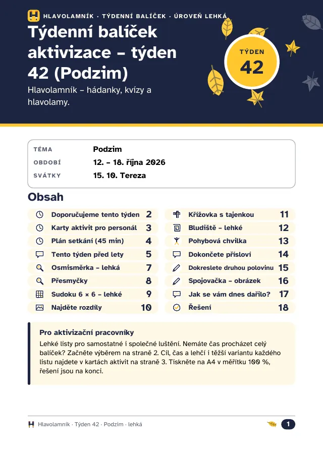 Obálka týdenního balíčku pracovních listů pro seniory: týden 42, téma Podzim, lehká úroveň, s obsahem a poznámkou pro aktivizační pracovníky