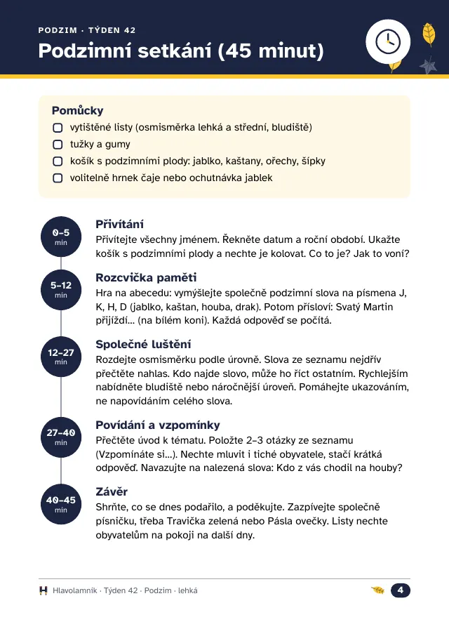 Plán podzimního setkání seniorů na 45 minut s pomůckami a časy