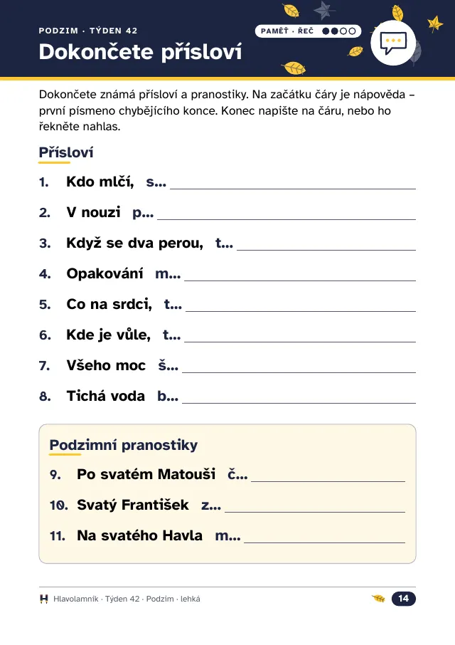 Pracovní list pro seniory: dokončete přísloví a pranostiky s nápovědou