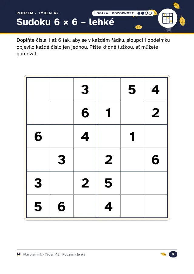 Sudoku 6 krát 6 pro seniory, lehké, s velkými políčky