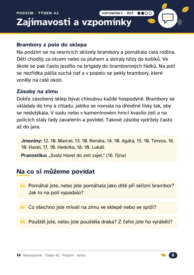 Zajímavosti a vzpomínky k podzimu, jmeniny, pranostika a otázky ke vzpomínání