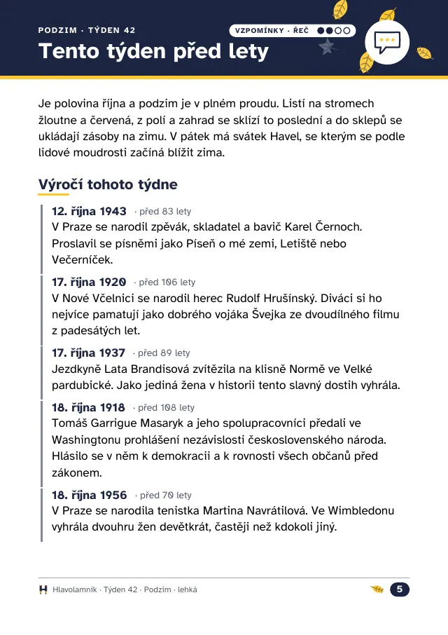 Týdeník Tento týden před lety: výročí z poloviny října ke čtení nahlas