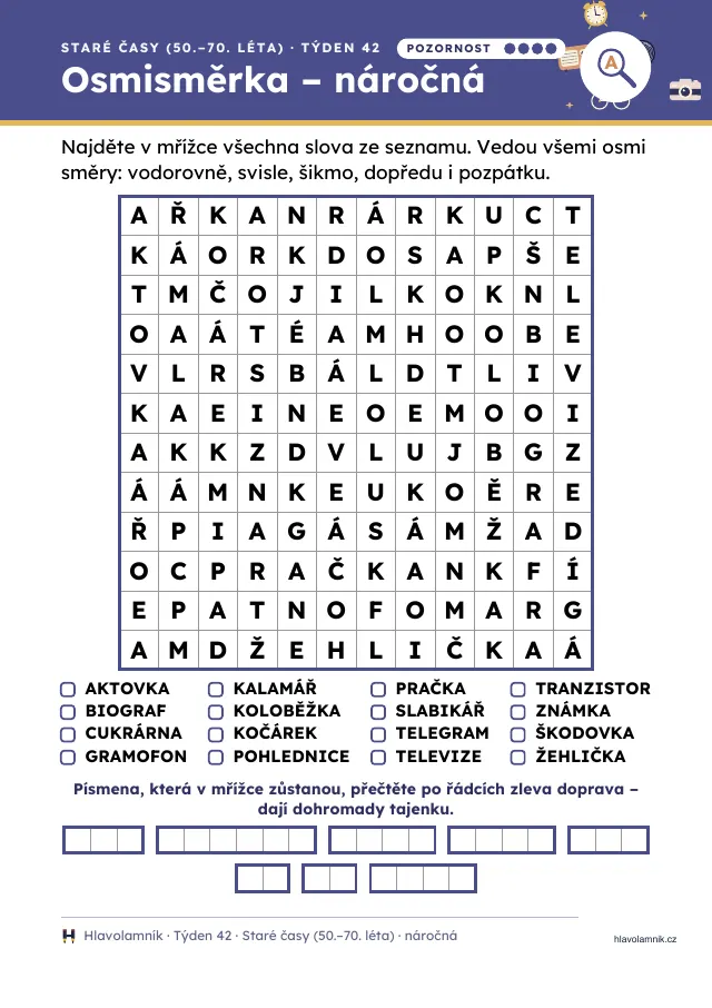 Náročná osmisměrka pro seniory: šestnáct slov ze starých časů, slova vedou všemi osmi směry