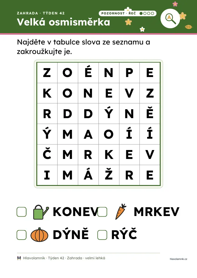 Velká osmisměrka pro seniory, velmi lehká úroveň: tabulka se šesti sloupci a čtyři zahradní slova s obrázky