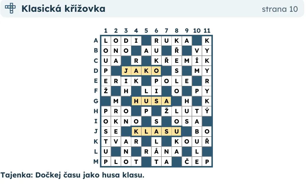 Řešení klasické křížovky s vyplněnou mřížkou. Tajenka: Dočkej času jako husa klasu.