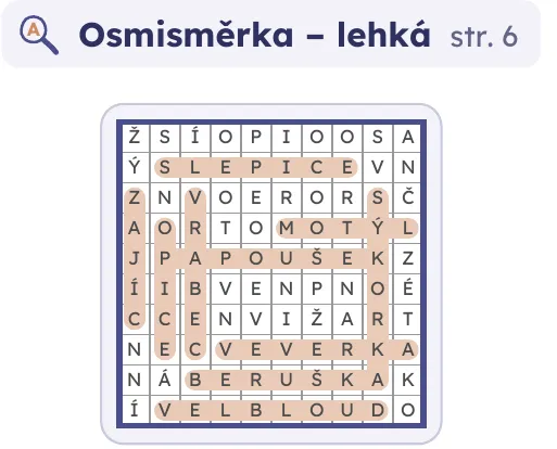 Řešení lehké osmisměrky se zvířaty: beruška, motýl, opice, papoušek, slepice, sýkorka, velbloud, veverka, vrabec a zajíc