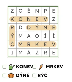 Řešení velké osmisměrky: konev a mrkev vodorovně, dýně vodorovně, rýč svisle