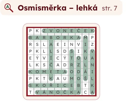 Řešení vánoční osmisměrky: balíček, barborka, kometa, Mikuláš, ozdoba, skořice, stromek, vanilka, vánočka a zvoneček