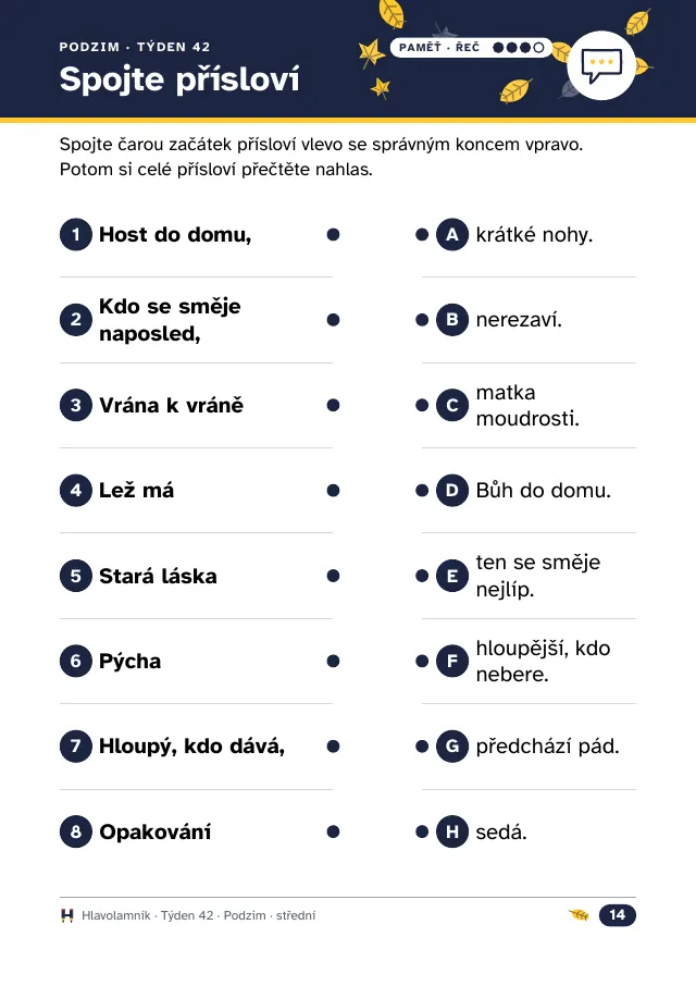 Pracovní list pro seniory: spojte začátek a konec přísloví, střední úroveň