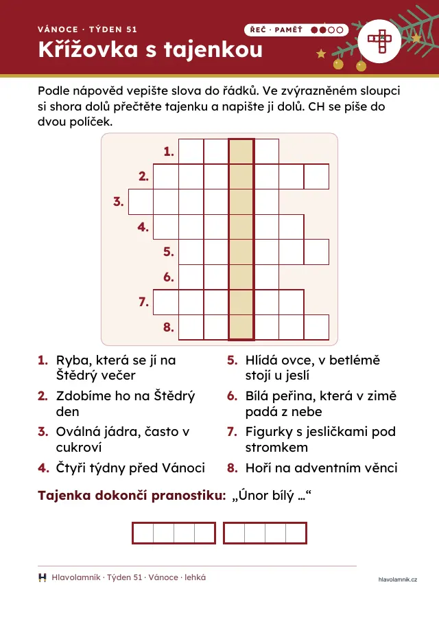 Vánoční křížovka s tajenkou pro seniory: osm otázek, tajenka dokončí pranostiku