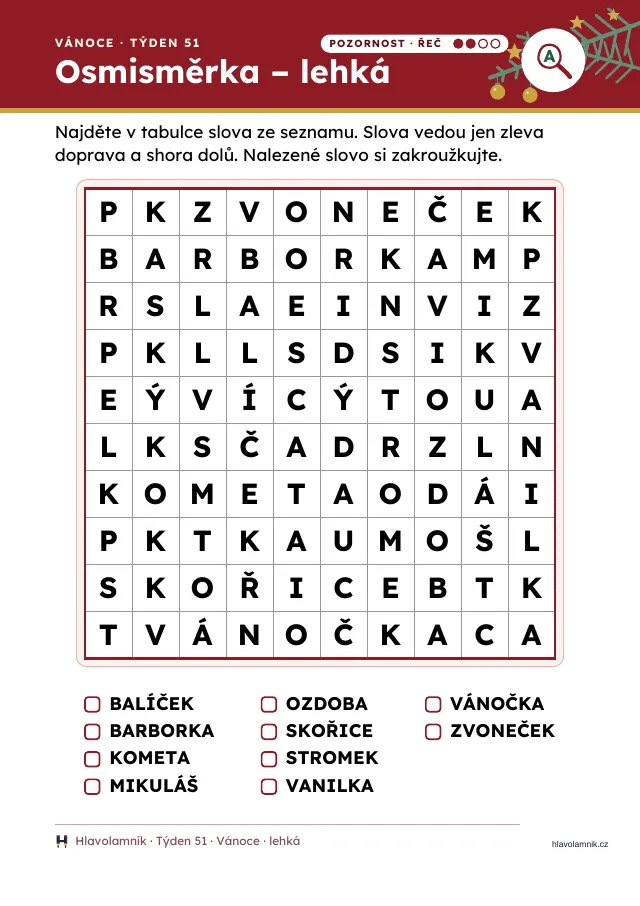 Vánoční osmisměrka pro seniory velkým písmem: tabulka 10 krát 10 a deset vánočních slov