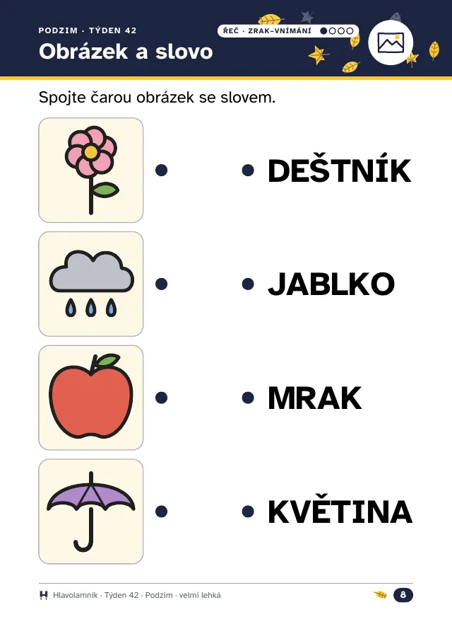 Pracovní list pro seniory, velmi lehká úroveň: spojte obrázek se slovem