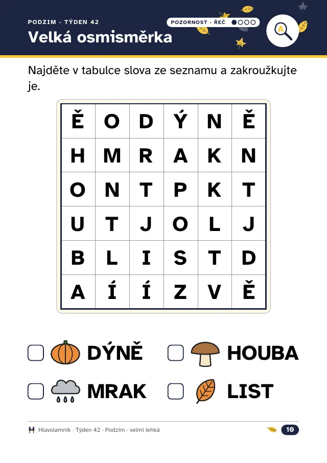 Velká osmisměrka 6 krát 6 s velkými písmeny, velmi lehká úroveň