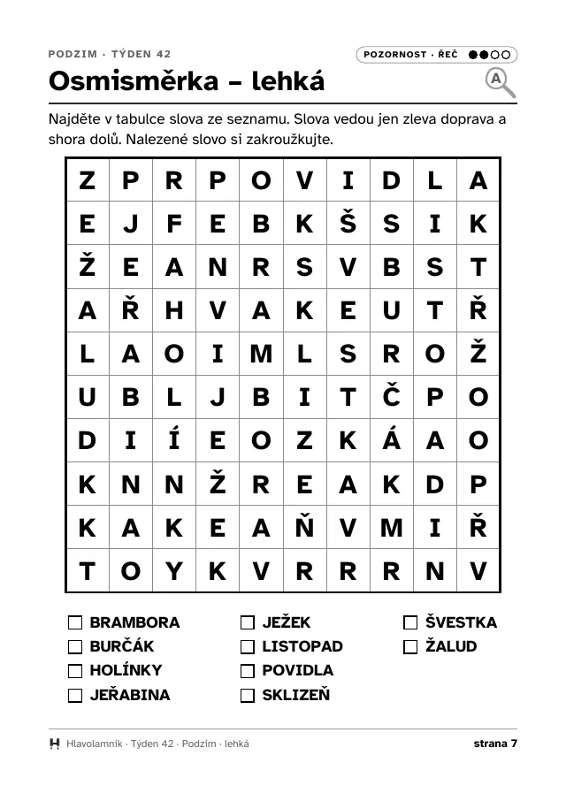 Osmisměrka v jednoduchém vzhledu: bílé pozadí, jen text a mřížka